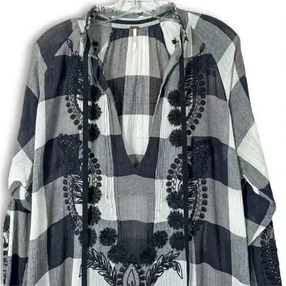 Free People Embroidered & Beaded Buffalo Plaid Gauze
Long Sleeve Tunic Top Sz S - Picture 6 of 13